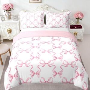 Pink Bow Print Cotton Duvet Cover Set Full Size